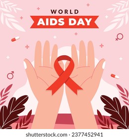 Antecedentes del Día Mundial del SIDA. Campaña mundial de sensibilización sobre el SIDA. 1 de diciembre. Plantilla de ilustración de vectores de dibujos animados para afiches, pancartas, volantes, entradas, tarjetas, carátulas. Diseño de prevención del VIH/SIDA. Cinta roja.