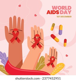 World AIDS Day background. World AIDS Day Awareness Campaign. December 1. Cartoon Vector illustration template for Poster, Banner, Flyer, Post, Card, Cover. HIV AIDS prevention design. Red ribbon.