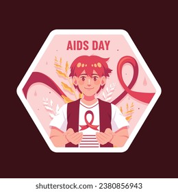 Hintergrund des Welt-AIDS-Tages. Aufkleber der Kampagne zur Sensibilisierung für den Weltaidstag. 1. Dezember. Cartoon-Vektorgrafik-Vorlage für Label, Aufkleber, Post, Karte. Design des Aufklebers "HIV-Aids-Prävention". Rotes Band.