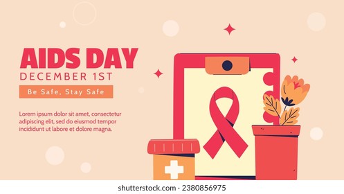 Antecedentes del Día Mundial del SIDA. Campaña mundial de sensibilización sobre el SIDA. 1 de diciembre. Plantilla de ilustración de vectores de dibujos animados para afiches, pancartas, volantes, entradas, tarjetas, carátulas. Diseño de prevención del VIH/SIDA. Cinta roja.