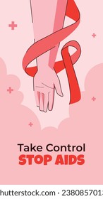 Hintergrund des Welt-AIDS-Tages. Kampagne zur Sensibilisierung für den Weltaidstag. 1. Dezember. Cartoon Vektorgrafik Vorlage für Poster, Banner, Flyer, Post, Card, Cover. Konzeption der HIV-Aids-Prävention. Rotes Band.