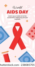 Antecedentes del Día Mundial del SIDA. Campaña mundial de sensibilización sobre el SIDA. 1 de diciembre. Plantilla de ilustración de vectores de dibujos animados para afiches, pancartas, volantes, entradas, tarjetas, carátulas. Diseño de prevención del VIH/SIDA. Cinta roja.