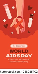 Antecedentes del Día Mundial del SIDA. Campaña mundial de sensibilización sobre el SIDA. 1 de diciembre. Plantilla de ilustración de vectores de dibujos animados para afiches, pancartas, volantes, entradas, tarjetas, carátulas. Diseño de prevención del VIH/SIDA. Cinta roja.