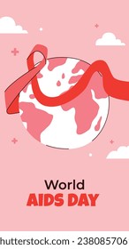 Antecedentes del Día Mundial del SIDA. Campaña mundial de sensibilización sobre el SIDA. 1 de diciembre. Plantilla de ilustración de vectores de dibujos animados para afiches, pancartas, volantes, entradas, tarjetas, carátulas. Diseño de prevención del VIH/SIDA. Cinta roja.
