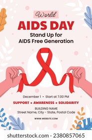 Hintergrund des Welt-AIDS-Tages. Kampagne zur Sensibilisierung für den Weltaidstag. 1. Dezember. Cartoon Vektorgrafik Vorlage für Poster, Banner, Flyer, Post, Card, Cover. Konzeption der HIV-Aids-Prävention. Rotes Band.