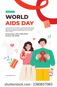 World AIDS Day background. World AIDS Day Awareness Campaign. December 1. Cartoon Vector illustration template for Poster, Banner, Flyer, Post, Card, Cover. HIV AIDS prevention design. Red ribbon.