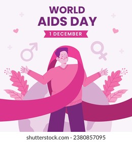 Antecedentes del Día Mundial del SIDA. Campaña mundial de sensibilización sobre el SIDA. 1 de diciembre. Plantilla de ilustración de vectores de dibujos animados para afiches, pancartas, volantes, entradas, tarjetas, carátulas. Diseño de prevención del VIH/SIDA. Cinta roja.
