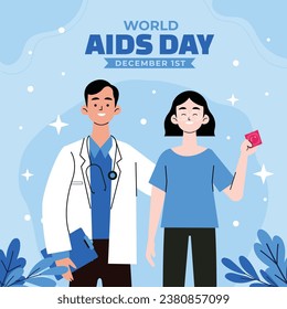 Antecedentes del Día Mundial del SIDA. Campaña mundial de sensibilización sobre el SIDA. 1 de diciembre. Plantilla de ilustración de vectores de dibujos animados para afiches, pancartas, volantes, entradas, tarjetas, carátulas. Diseño de prevención del VIH/SIDA. Cinta roja.