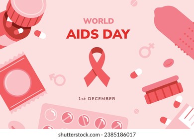 Antecedentes del Día Mundial del SIDA. Campaña mundial de sensibilización sobre el SIDA. 1 de diciembre. Plantilla de ilustración de vectores de dibujos animados para afiches, pancartas, volantes, entradas, tarjetas, carátulas. Diseño de prevención del VIH/SIDA. Cinta roja.
