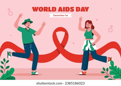 World AIDS Day background. World AIDS Day Awareness Campaign. December 1. Cartoon Vector illustration template for Poster, Banner, Flyer, Post, Card, Cover. HIV AIDS prevention design. Red ribbon.