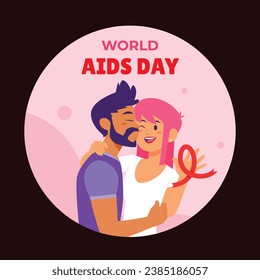 Hintergrund des Welt-AIDS-Tages. Aufkleber der Kampagne zur Sensibilisierung für den Weltaidstag. 1. Dezember. Cartoon-Vektorgrafik-Vorlage für Label, Aufkleber, Post, Karte. Design des Aufklebers "HIV-Aids-Prävention". Rotes Band.
