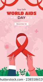 World AIDS Day background. World AIDS Day Awareness Campaign. December 1. Cartoon Vector illustration template for Poster, Banner, Flyer, Post, Card, Cover. HIV AIDS prevention design. Red ribbon.