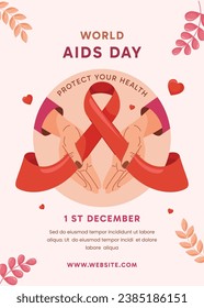 Antecedentes del Día Mundial del SIDA. Campaña mundial de sensibilización sobre el SIDA. 1 de diciembre. Plantilla de ilustración de vectores de dibujos animados para afiches, pancartas, volantes, entradas, tarjetas, carátulas. Diseño de prevención del VIH/SIDA. Cinta roja.