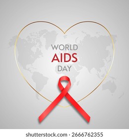 World Aids Day background with a gold heart and red ribbon design 