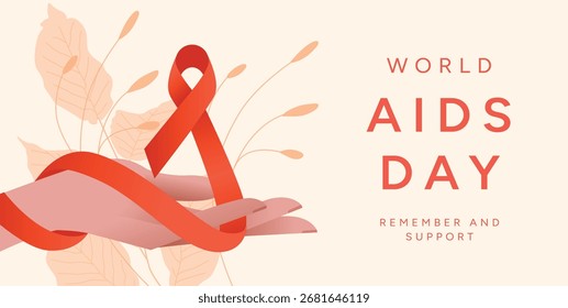 Hintergrund zum Welt-Aids-Tag mit der Hand, die das rote Band hält. Sensibilisierungskampagne vom 1. Dezember. Prävention und Unterstützung von HIV/AIDS. Vektorgrafik für Poster, Banner, Flyer, Karte, Umschlag