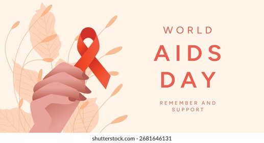 Fondo del Día Mundial del SIDA con la mano que sostiene el símbolo de la cinta roja. Campaña de sensibilización del 1 de diciembre. Prevención y Asistencia del VIH/SIDA. Ilustración vectorial para el cartel, Anuncio, volante, tarjeta, cubierta
