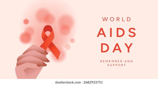 Fondo del Día Mundial del SIDA con la mano que sostiene el símbolo de la cinta roja, diseño de círculos borrosos. Campaña de sensibilización del 1 de diciembre. Prevención y Asistencia del VIH/SIDA. Ilustración vectorial para cartel, Anuncio