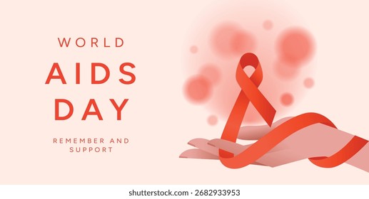 Fondo del Día Mundial del SIDA con la mano y el símbolo de la cinta roja. Campaña de sensibilización del 1 de diciembre. Prevención y Asistencia del VIH/SIDA. Ilustración vectorial para el cartel, Anuncio, volante, tarjeta, cubierta