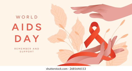 Fondo del Día Mundial del SIDA con la cinta roja y las manos. Campaña de sensibilización del 1 de diciembre. Concepto de prevención y Asistencia del VIH/SIDA. Ilustración vectorial para el cartel, Anuncio, volante, tarjeta, cubierta