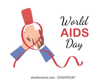 World AIDS day banner. Awareness of AIDS disease poster. Raised fist tied with a red ribbon as a symbol of the fight against AIDS. Hand drawn vector illustration in flat style. 1 December