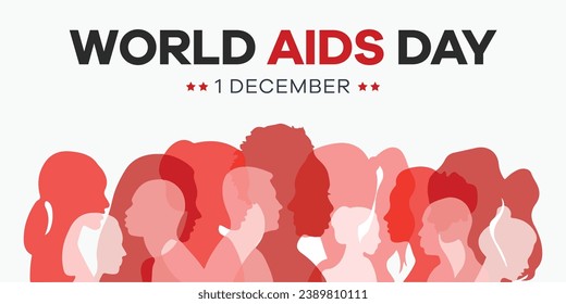 Hintergrundbild des Welt-AIDS-Tages. Welt-AIDS-Tag. Langer horizontaler Banner mit rotem Band, Platz für Text und verschiedene Leute. Vektorgrafik 1. Dezember
