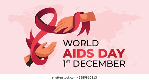 World AIDS Day Banner Background Illustration. World AIDS Day. Long horizontal banner with red ribbon, space for text and diverse people. Vector flat illustration 1 December
