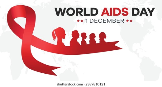 Hintergrundbild des Welt-AIDS-Tages. Welt-AIDS-Tag. Langer horizontaler Banner mit rotem Band, Platz für Text und verschiedene Leute. Vektorgrafik 1. Dezember
