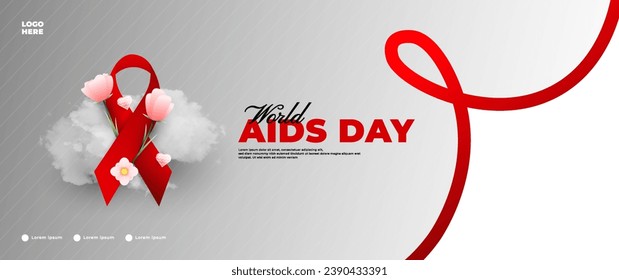 World AIDS day banner design with red ribbon and world map elements