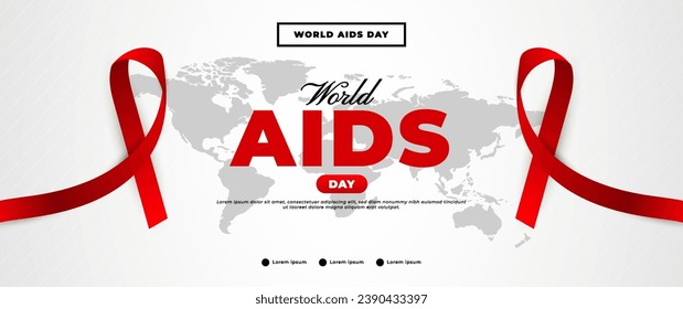 World AIDS day banner design with red ribbon and world map elements