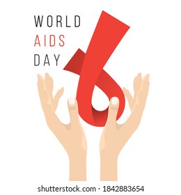 World aids day - banner in flat style witn red ribbon and hands