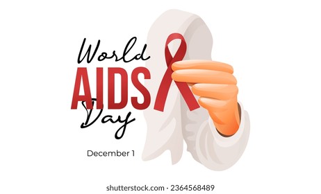 World Aids Day Banner With Hand Drawn Hand Holding Red Ribbon Illustration