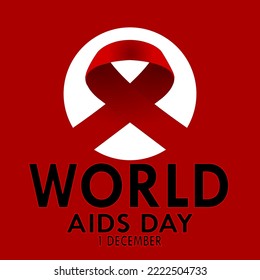 diseño de banner de world aids day con texto y cinta roja sobre fondo de color rojo