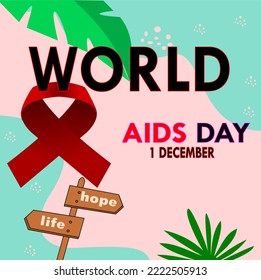 World Aids Day Banner Layout Design mit Text und rotem Band auf rotem Hintergrund und Blatt Bild von gesunden und hoffnungsvollen Richtung Zeichen