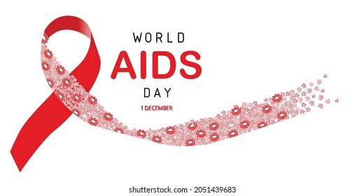World AIDS Day banner. Red ribbon with flowers.