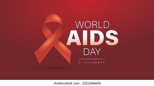 World AIDS Day Banner with Red Silk Awareness Ribbon on Maroon Background. Horizontal Background. Template for 1st December AIDS Day Poster. Social Media