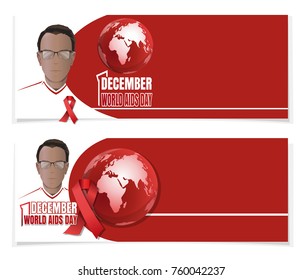 World AIDS Day banner set. 1 December. Man with a red ribbon on his chest. Vector illustration