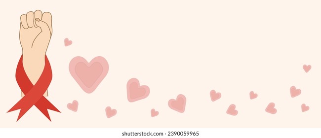 World AIDS Day banner vector illustration. Fist of support with red ribbon around the hand, hearts. Design for poster, flyer, background, card, poster for themes AIDS awareness.