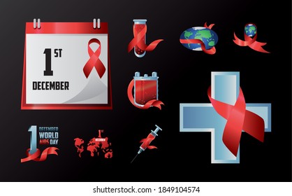 world aids day, black background awareness ribbon calendar, cross, blood and syringe icons vector illustration