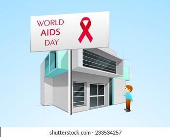 World Aids Day board with red ribbon of aids awareness and a man standing in front of a hospital.