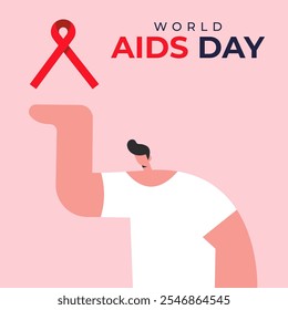 World AIDS Day Campaign. December 1. Man showing Red Ribbon Sign. Awareness of the dangers of AIDS. Prevention, care, treatment. Flat vector illustration.