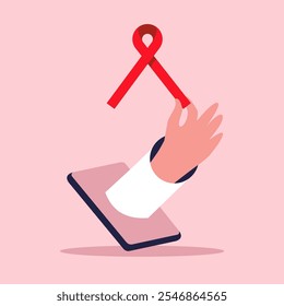 World AIDS Day Campaign. December 1. Red Ribbon Sign in app. Awareness of the dangers of AIDS. Prevention, care, treatment. Flat vector illustration.