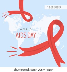 World AIDS Day card. Red awareness ribbon with world map on background. HIV and AIDS symbol or emblem. Social media post or banner template. Vector illustration in flat style.