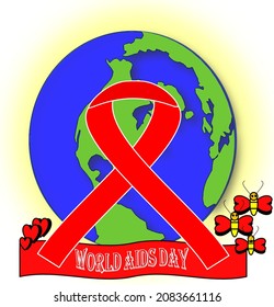 world aids day commemoration icon on december 1, with red ribbon and world image.