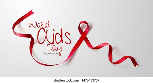 Concepto del Día Mundial del Sida.Concienciación sobre el Sida. Cinta roja realista. Diseño de afiches caligráficos. Vector. Ilustración