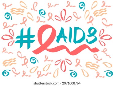 World AIDS day concept in doodle style on white background. AIDS awareness medical banner for support HIV-positive people and solidarity with red ribbon symbol. Hand drawn vector illustration.