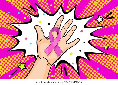 World Aids Day concept. Hand with symbol of red ribbon in pop art style. Vector illustration.