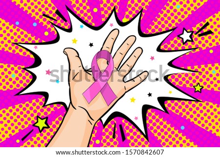 World Aids Day concept. Hand with symbol of red ribbon in pop art style. Vector illustration.