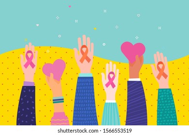 World Aids Day concept. Hands with hearts and symbol of red ribbon. Flat design, vector illustration.