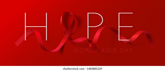 World Aids Day concept. Hope. Aids Awareness. Realistic Red Ribbon. Calligraphy Poster Design. Vector illustration