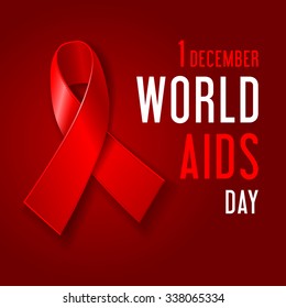 World AIDS Day concept poster with red ribbon of AIDS awareness (symbol for solidarity with HIV-positive people) and text on dark red background. Vector illustration.